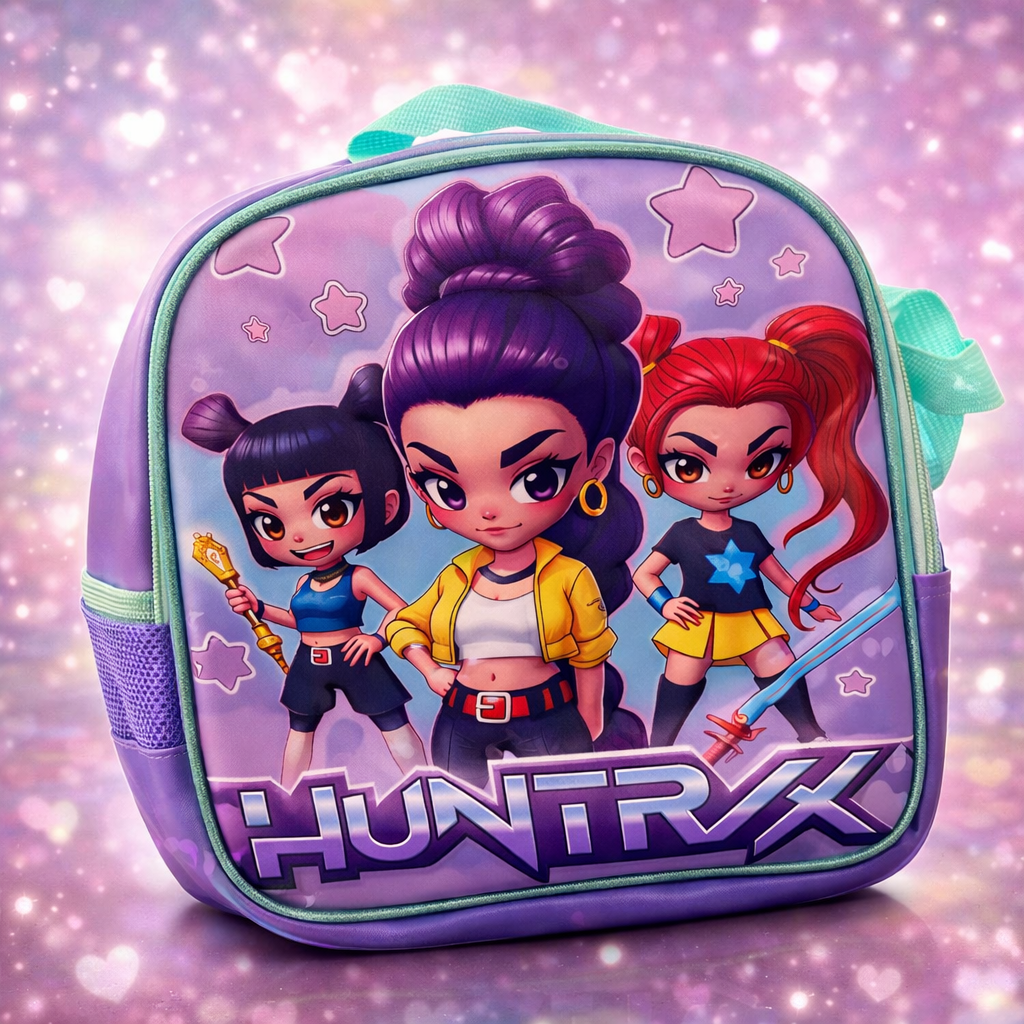 Tripack Huntrix Guerreras Kpop Mochila con luces + Lonchera + Estuche Lila