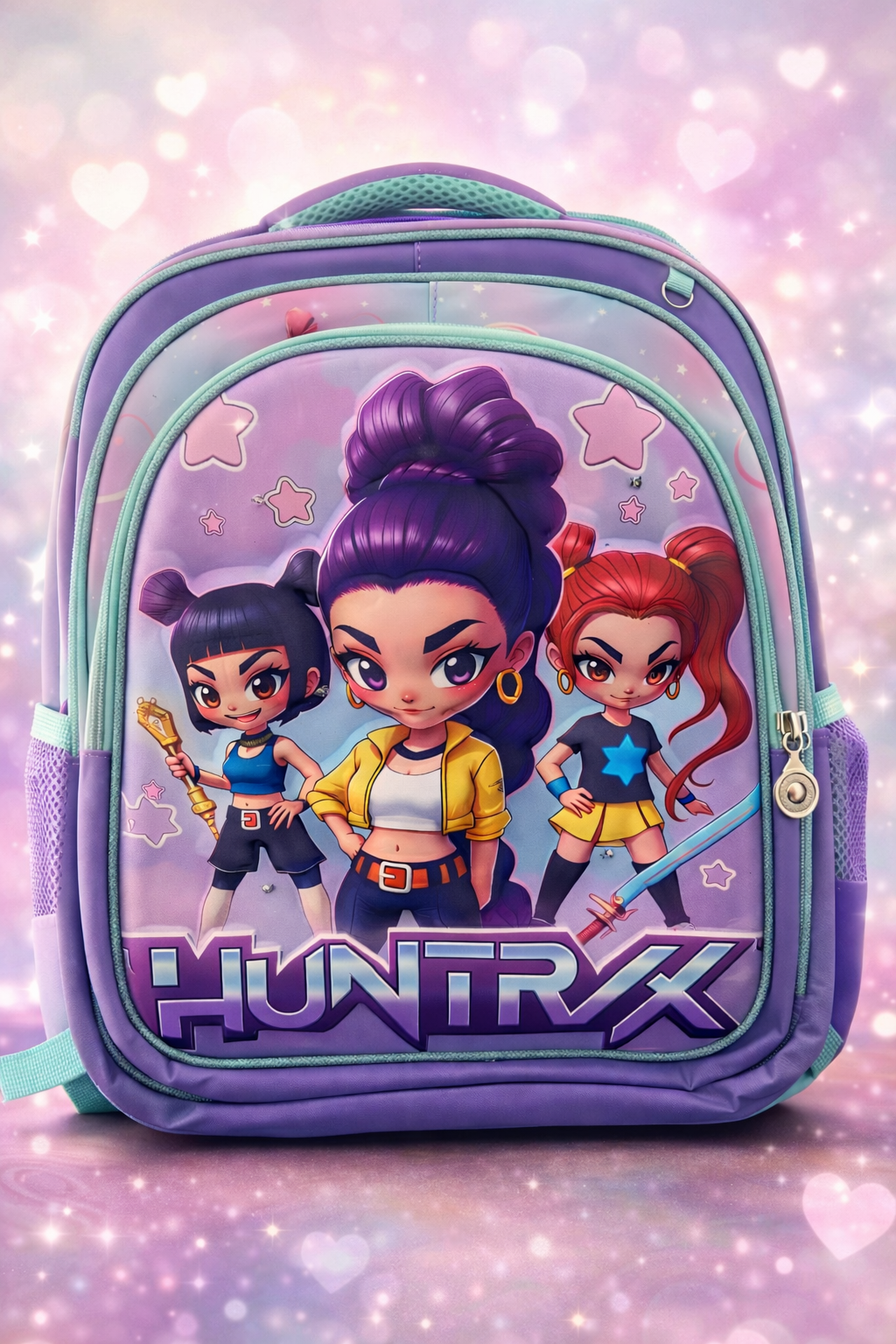 Tripack Huntrix Guerreras Kpop Mochila con luces + Lonchera + Estuche Lila