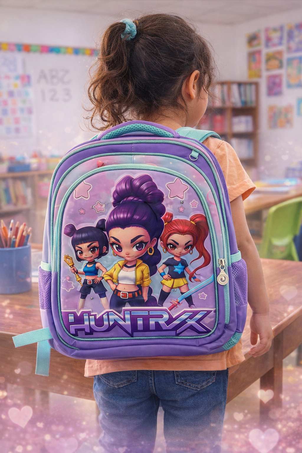 Tripack Huntrix Guerreras Kpop Mochila con luces + Lonchera + Estuche Lila