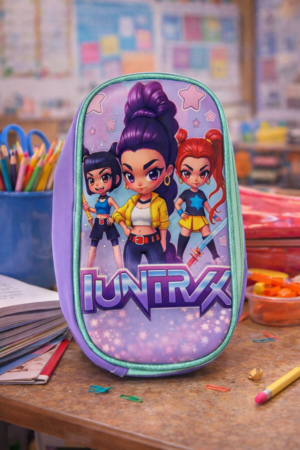 Tripack Huntrix Guerreras Kpop Mochila con luces + Lonchera + Estuche Lila