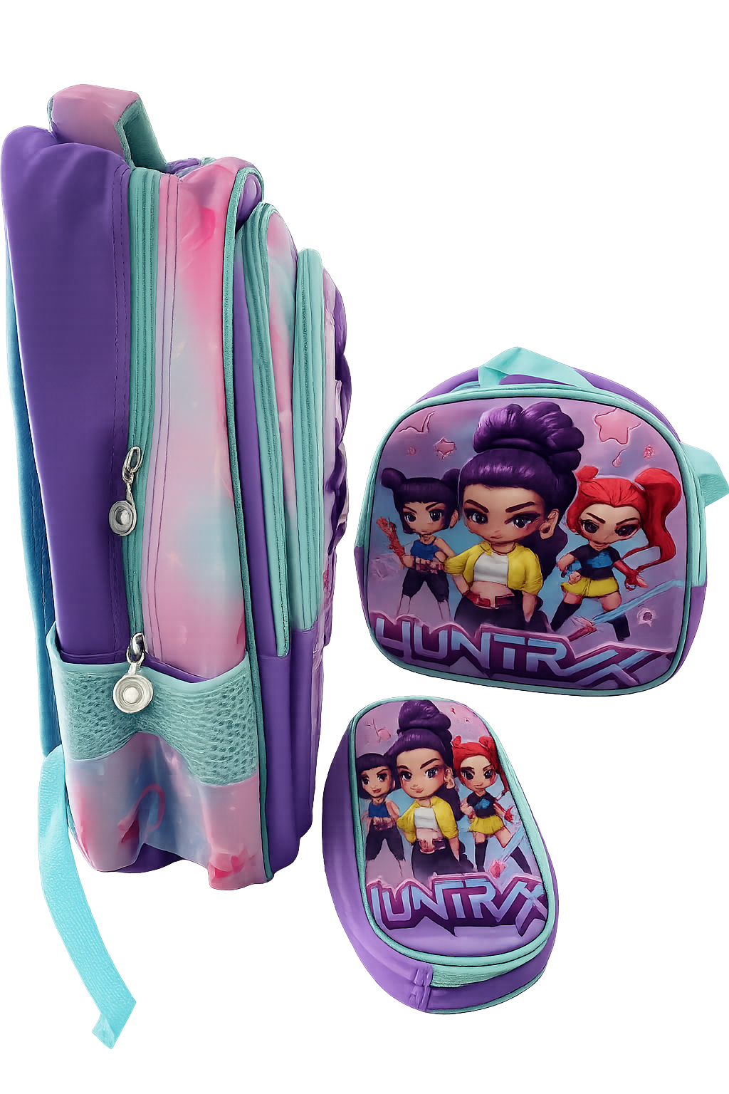 Tripack Huntrix Guerreras Kpop Mochila con luces + Lonchera + Estuche Lila