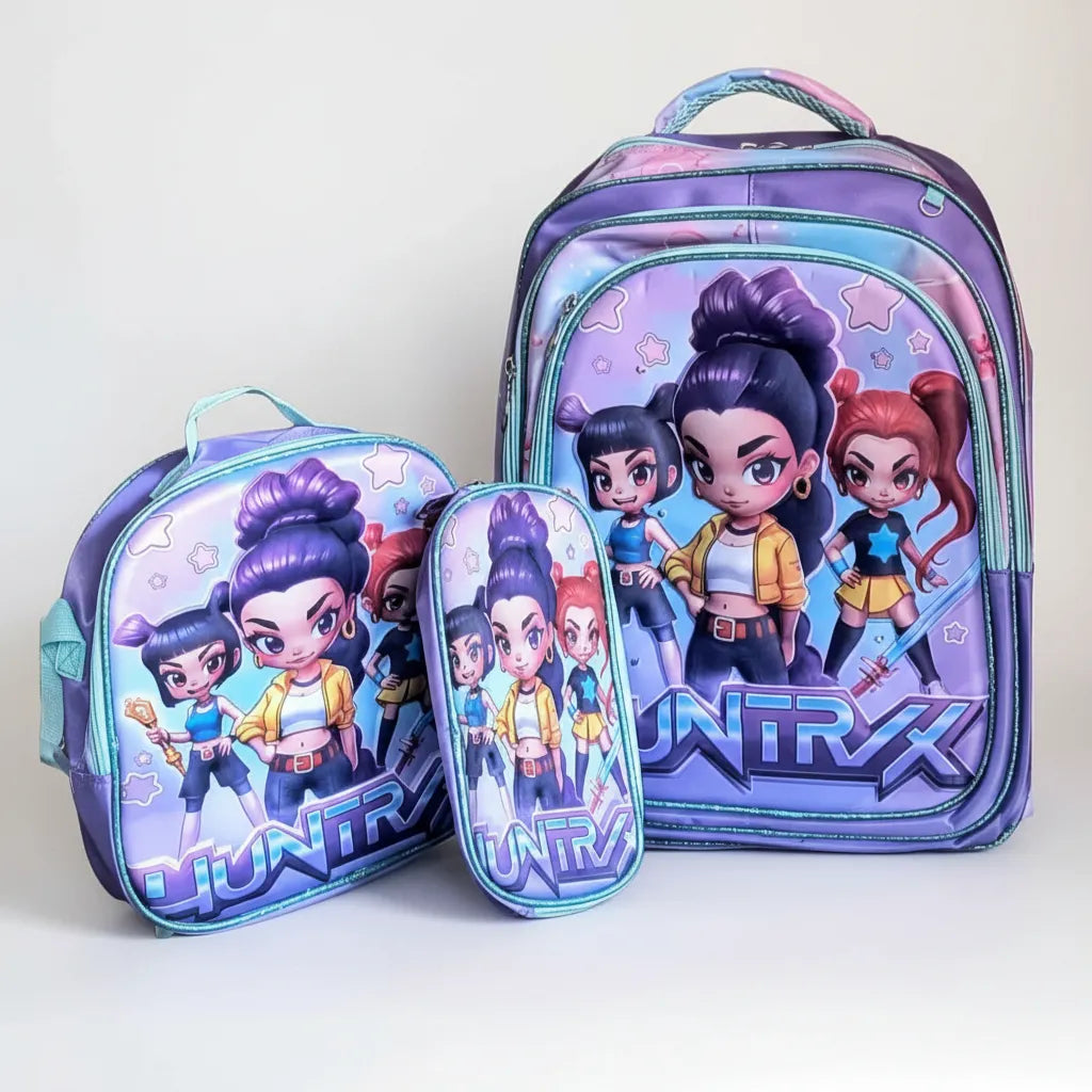 Tripack Huntrix Guerreras Kpop Mochila con luces + Lonchera + Estuche Lila
